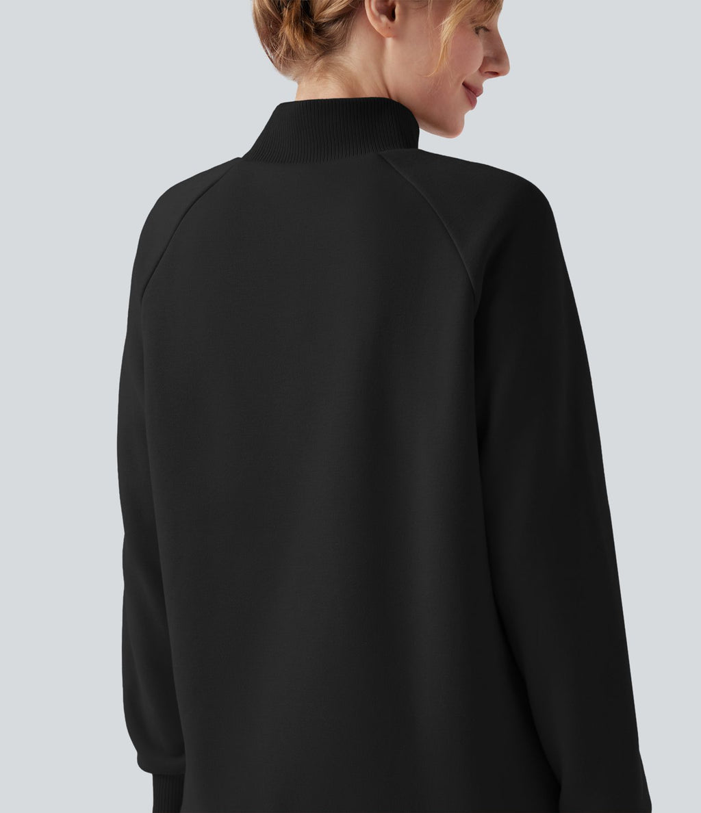 Sweat décontracté polaire col montant à manches raglan et ourlet croisé