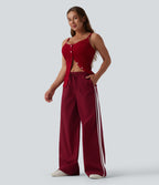 Pantalon large décontracté rayé taille haute avec cordon de serrage avec poches