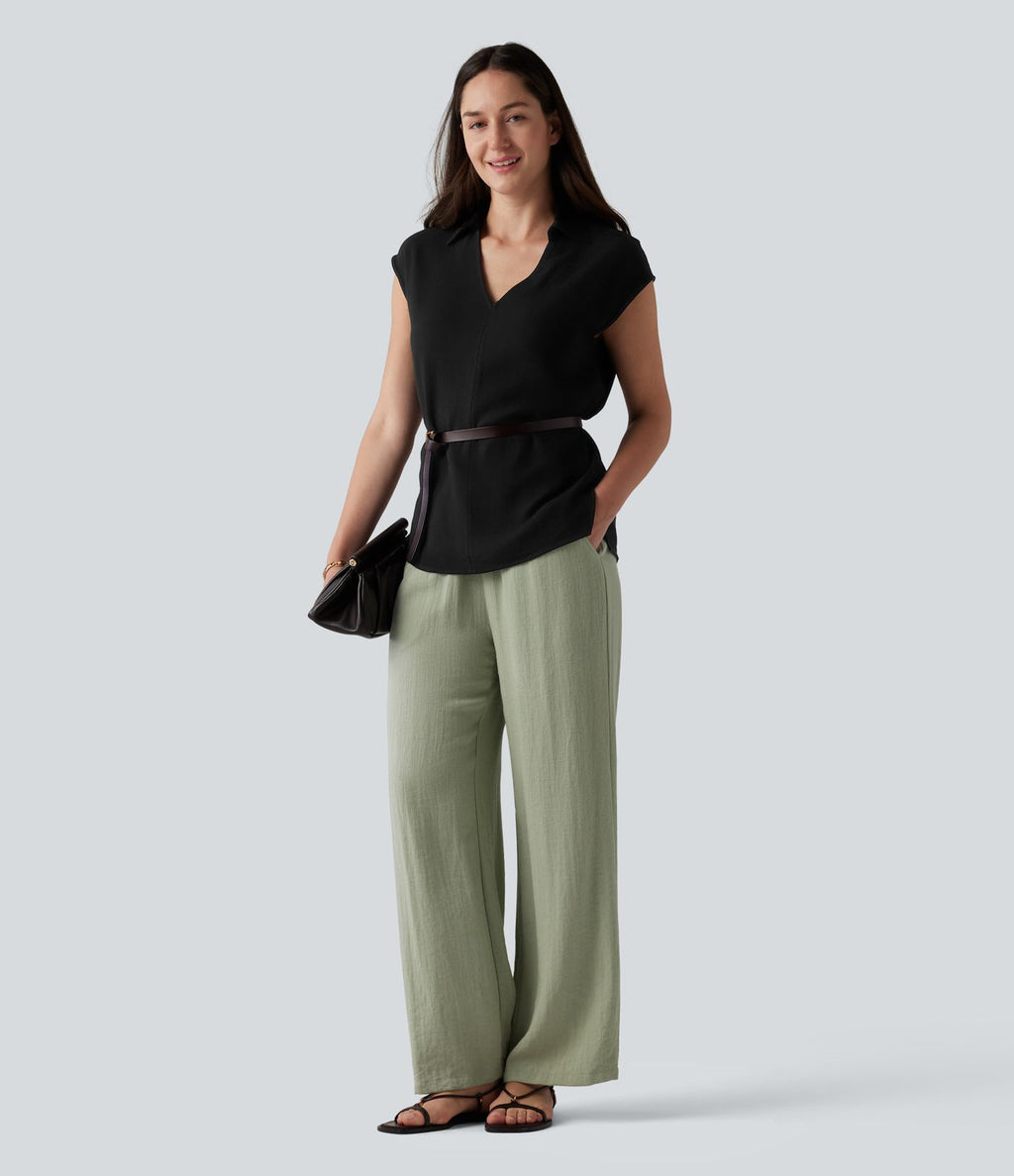 Chemisier tailleur en mélange de lin col V sans manches avec ourlet fendu