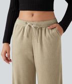 Pantalon large côtelé taille basse pliable avec cordon de serrage et poches