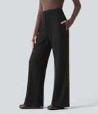 Pantalon large fluide côtelé taille haute avec cordon de serrage et poches