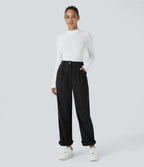 Pantalon décontracté en velours côtelé, taille haute, avec poche zippée