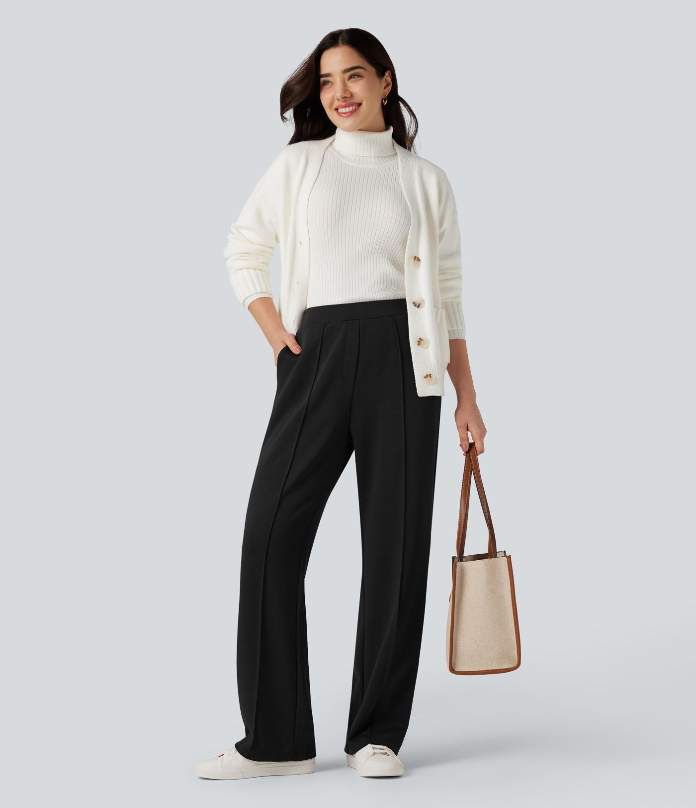 Pantalon tailleur coupe droite taille haute avec poches