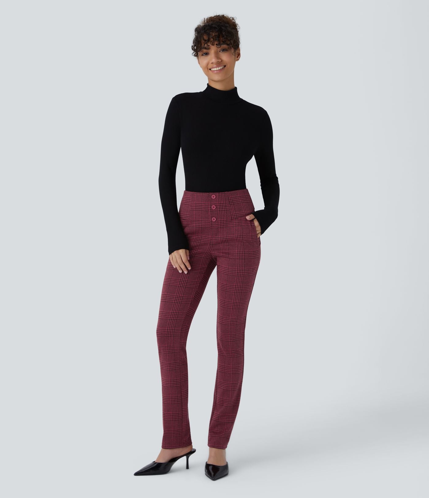 Halara Flex™ Pantalon tailleur Cintrés à Taille Haute avec Boutons Décoratifs Poches Latérales et Imprimé Pied-de-Poule