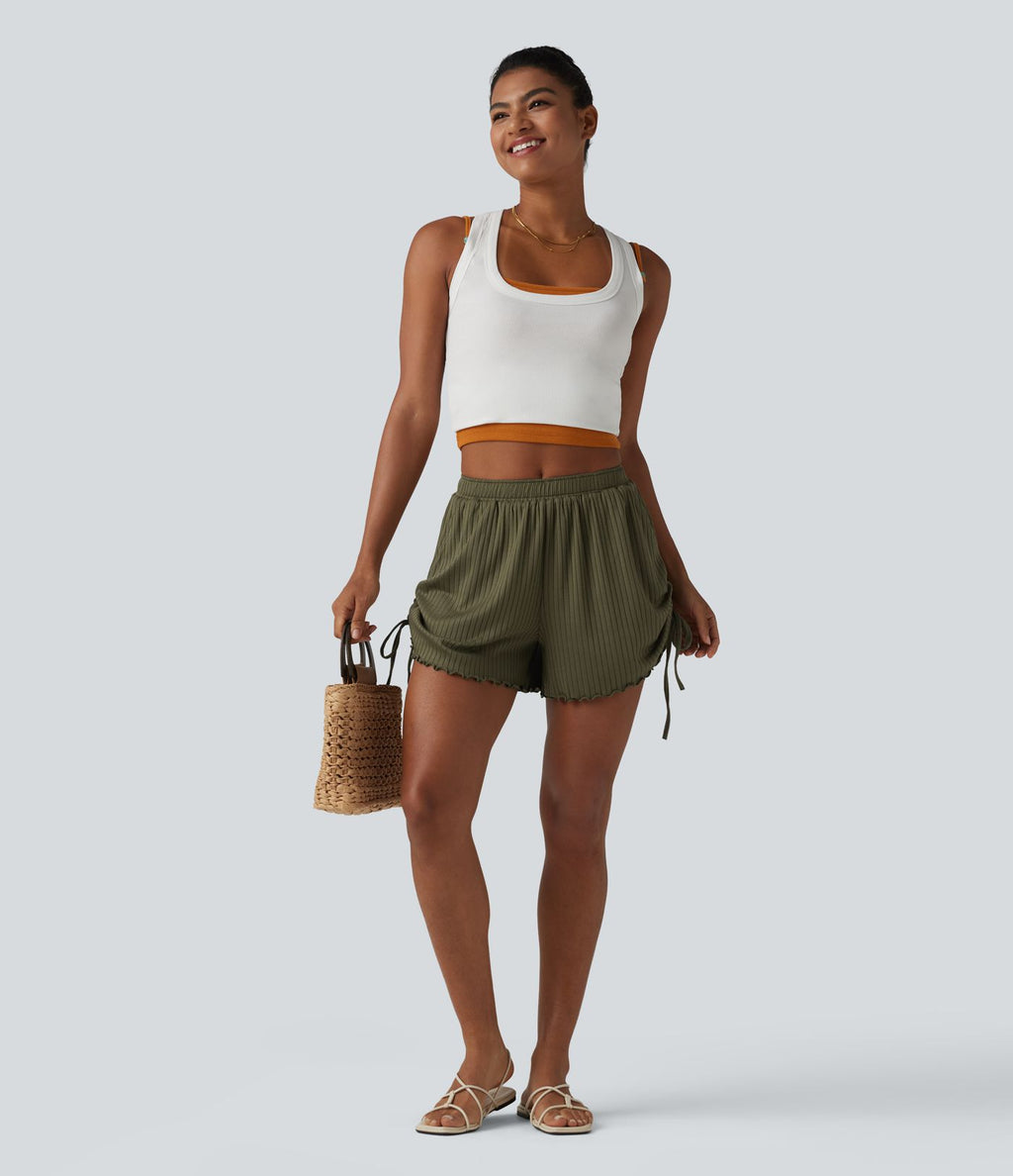 Short en maille côtelée taille mi-haute à cordon de serrage et ourlet ondulé 10 cm avec poches