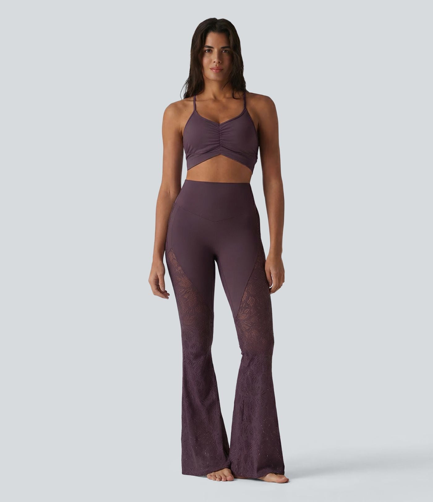 Pantalon de yoga évasé gainant taille haute avec dentelle contrastée et poche Halara UltraSculpt™