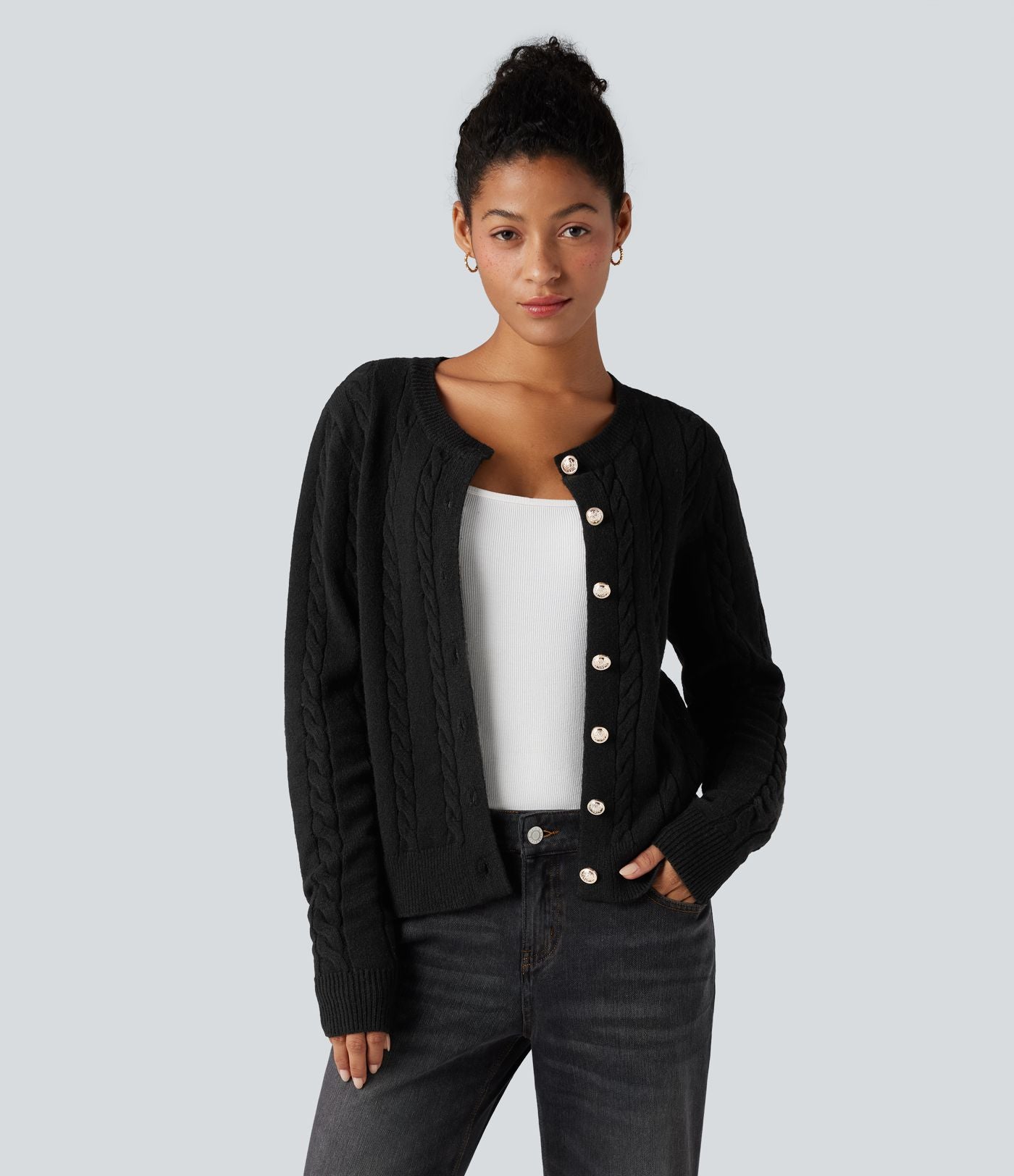 Cardigan tailleur col rond torsadé manches longues