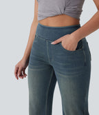 Jean décontracté Halara Flex™ taille haute, extensible, délavé, jambes droites avec poches multiples