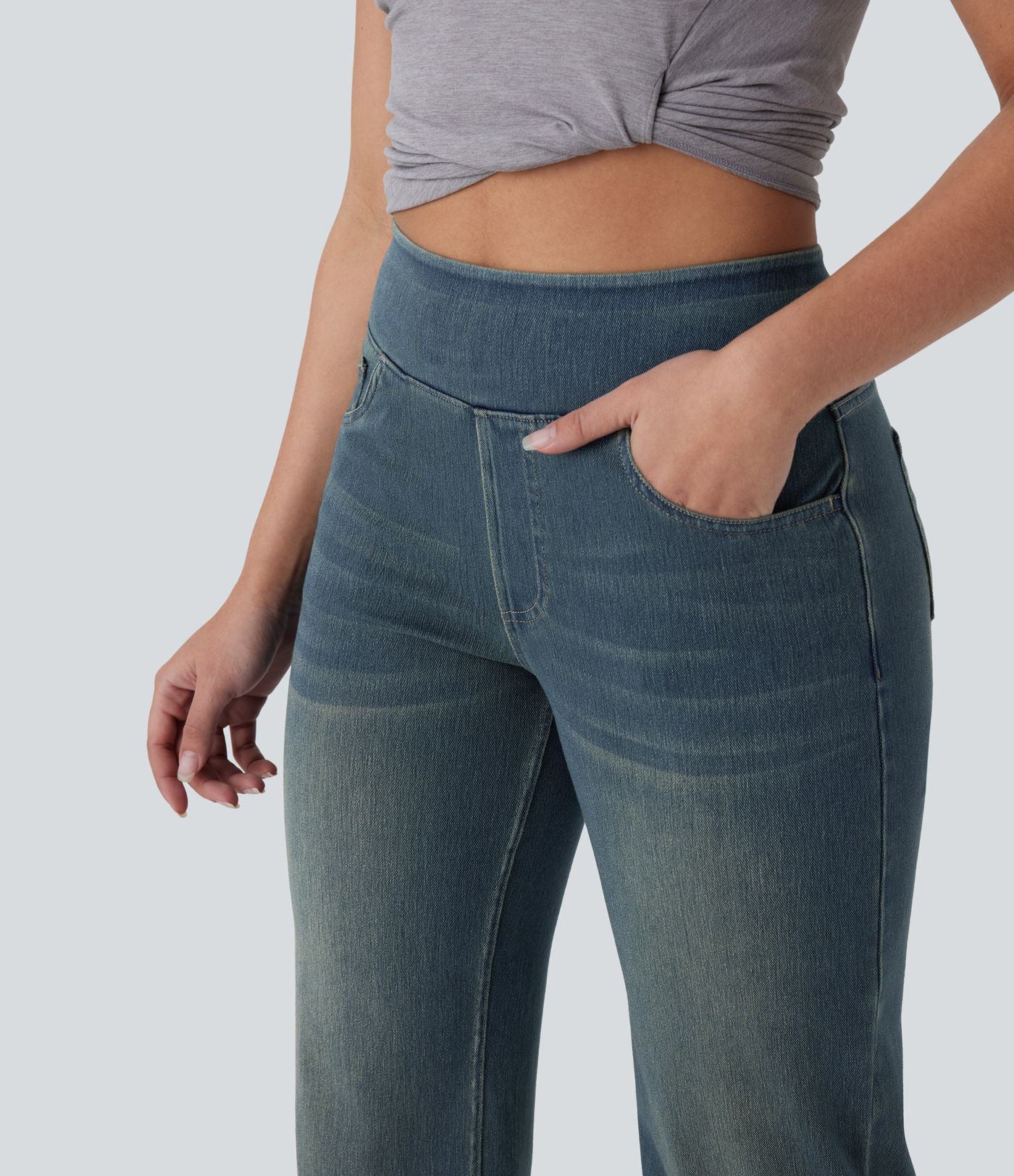 Jean décontracté Halara Flex™ taille haute, extensible, délavé, jambes droites avec poches multiples