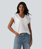 T-shirt casual jacquard col V à manches courtes