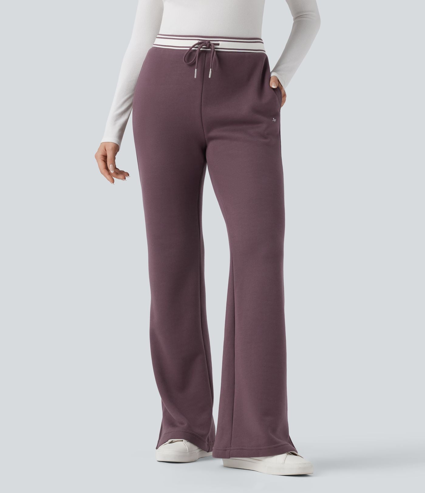 Pantalon jogging évasé molleton coton taille haute avec cordon de serrage, poches, empiècements contrastés et ourlet fend