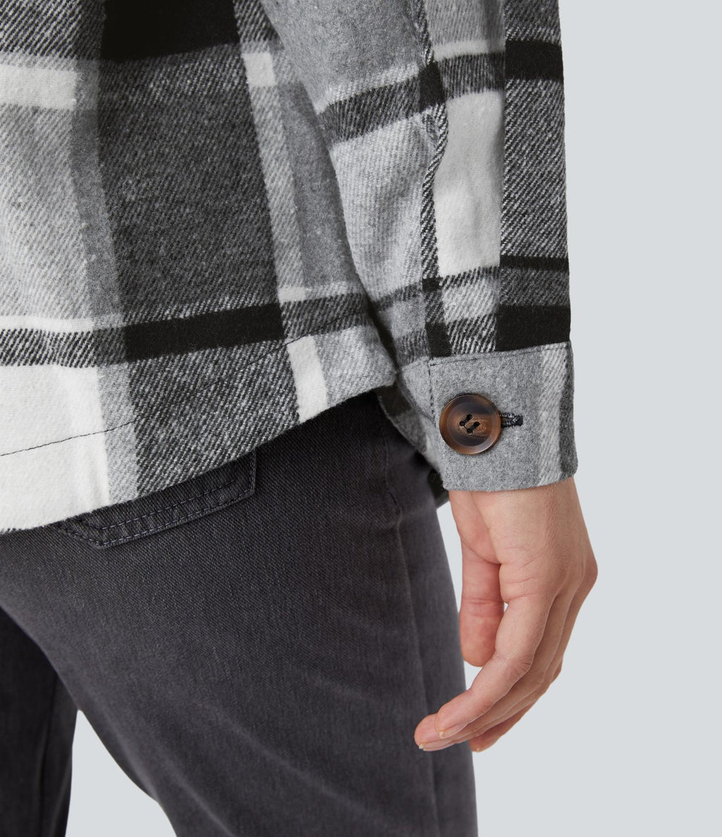 Veste de Casual à Carreaux en Polaire à Capuche avec Cordon de Serrage Boutons et Poches Latérales