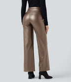 Pantalon similicuir évasé gainant taille haute stretch avec poches