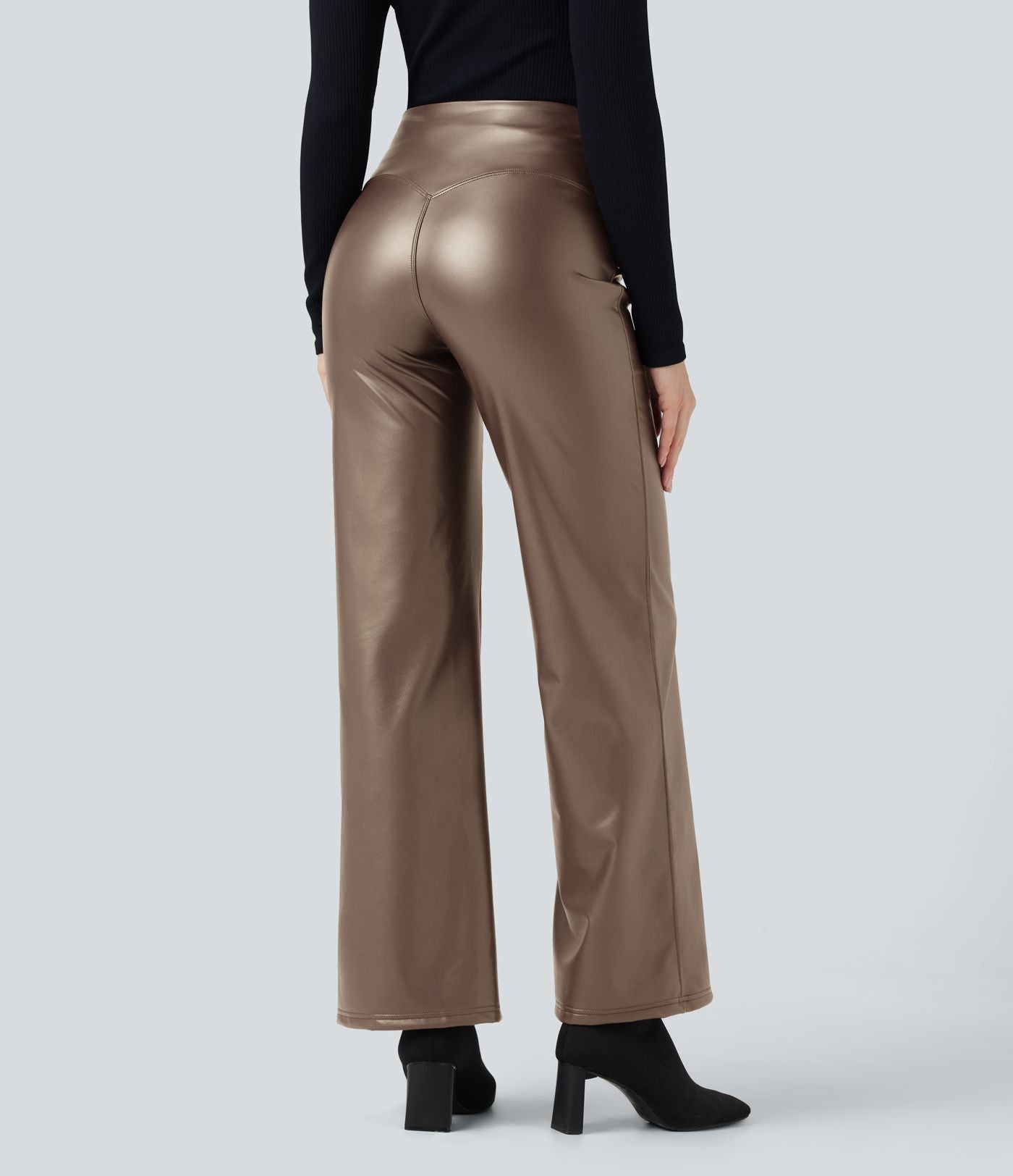 Pantalon similicuir évasé gainant taille haute stretch avec poches