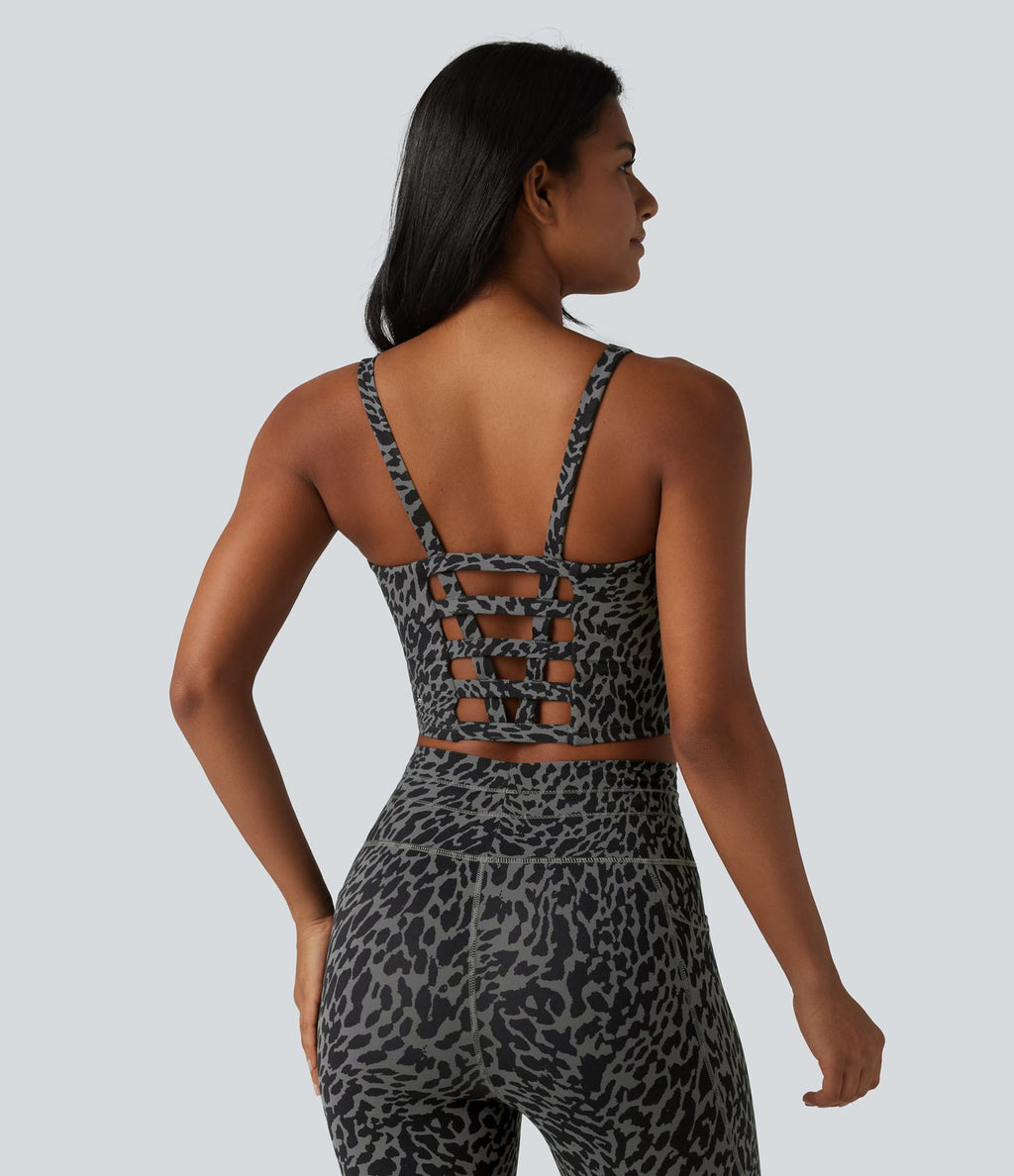 Débardeur de yoga court à imprimé léopard Halara UltraSculpt™ avec soutien-gorge intégré et décolleté en U