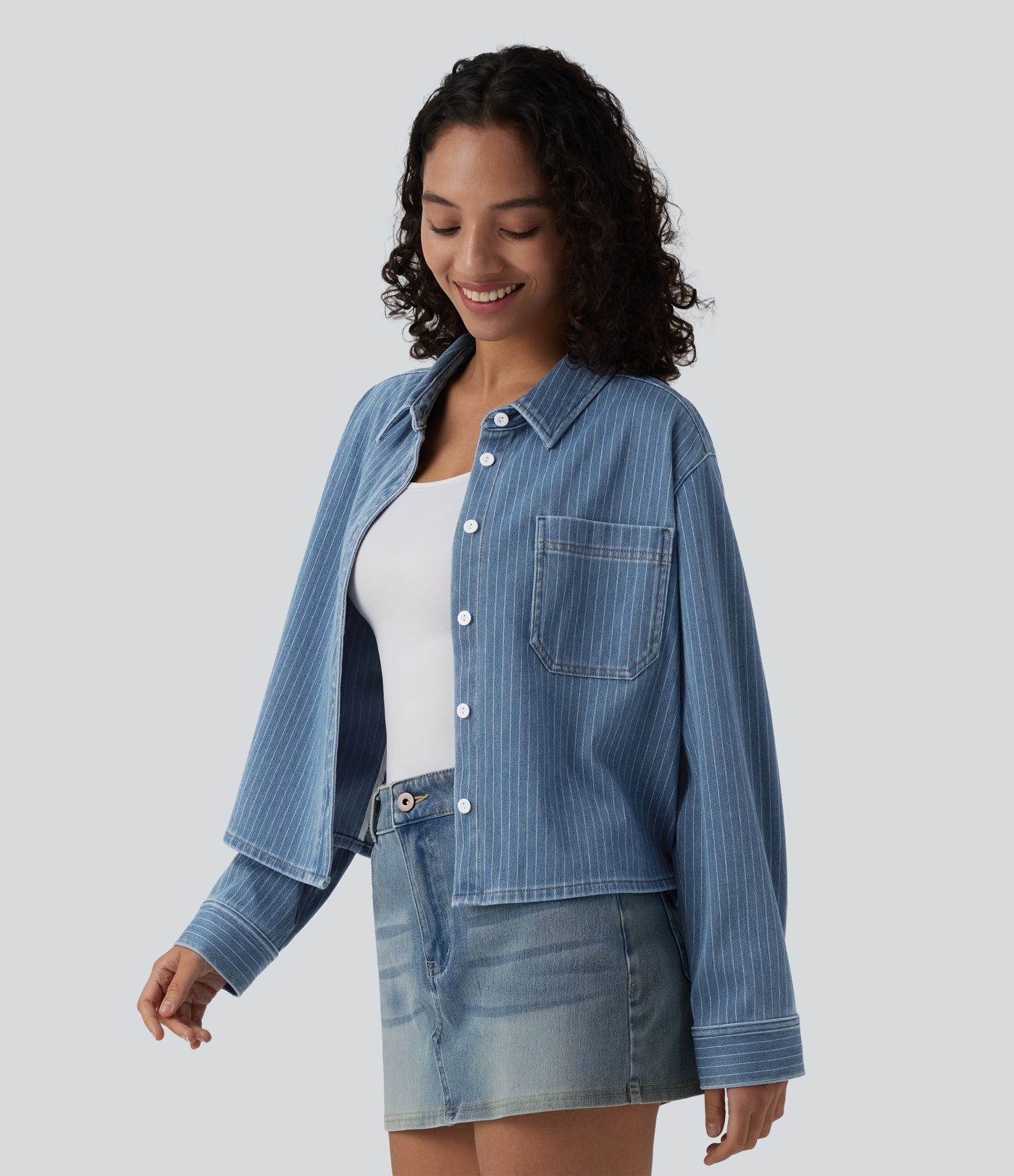 Halara Flex™ Chemise casual rayée en denim à manches longues avec poche