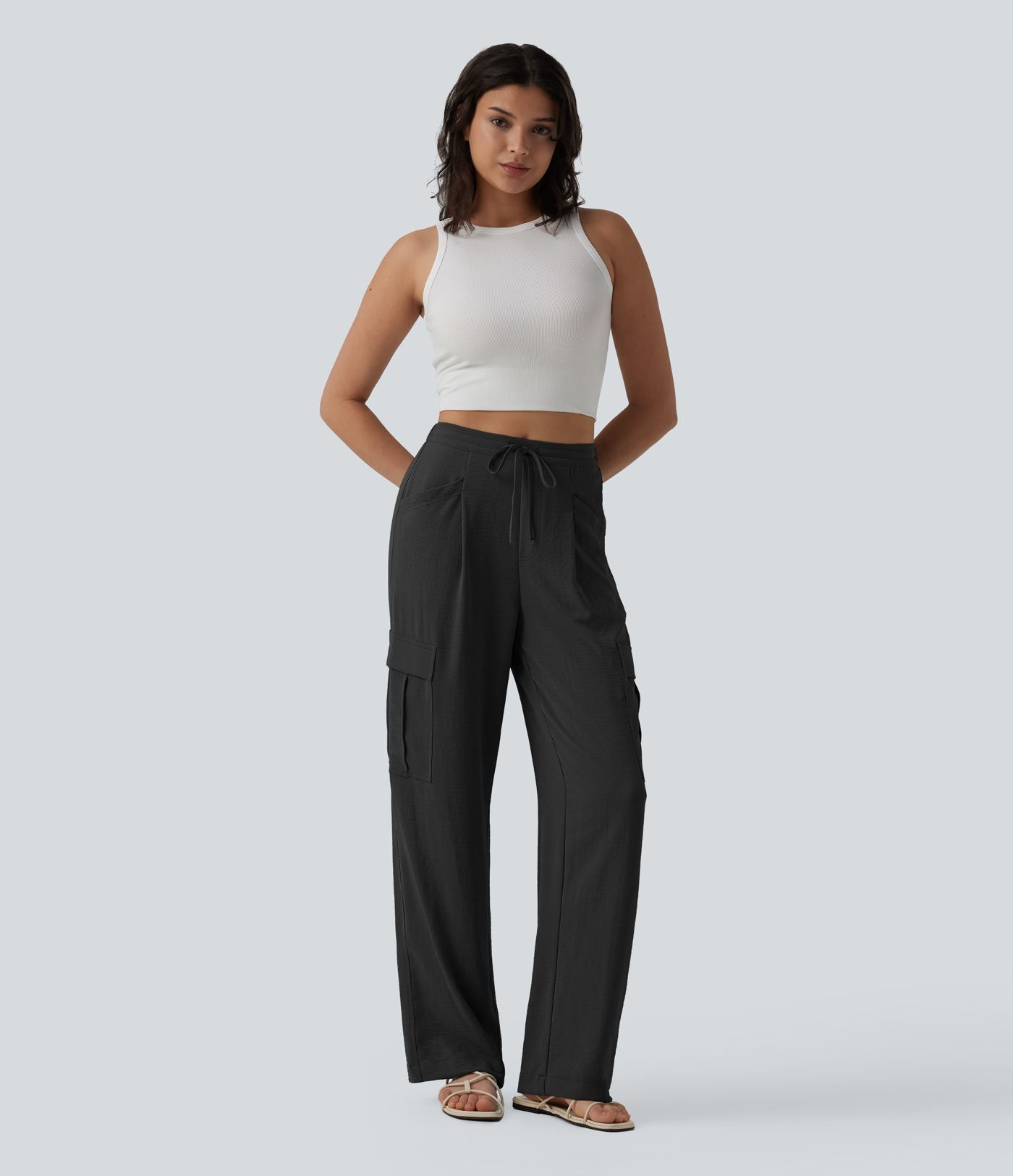 Pantalon cargo casual coupe droite taille mi-haute aspect lin à cordon de serrage avec poches