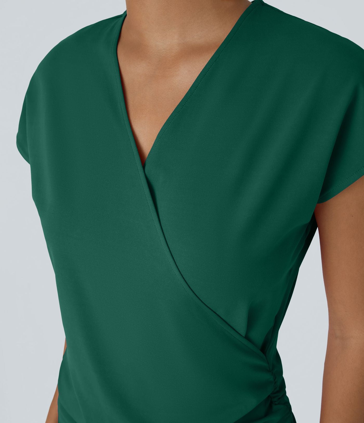 Blouse Travail Unie Froncée Croisée Manches Courtes Col en V