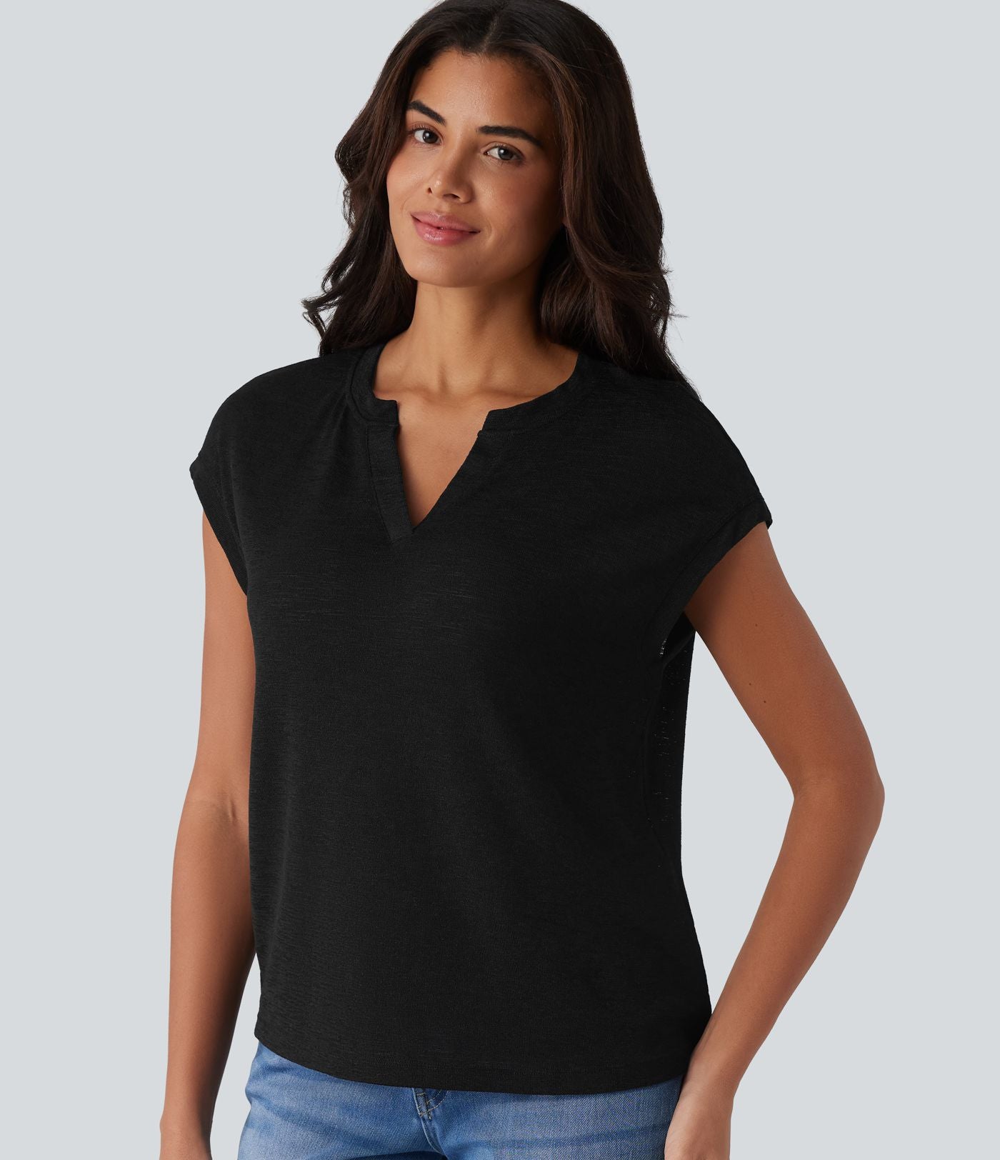 T-shirt décontracté semi-transparent col cranté manches courtes