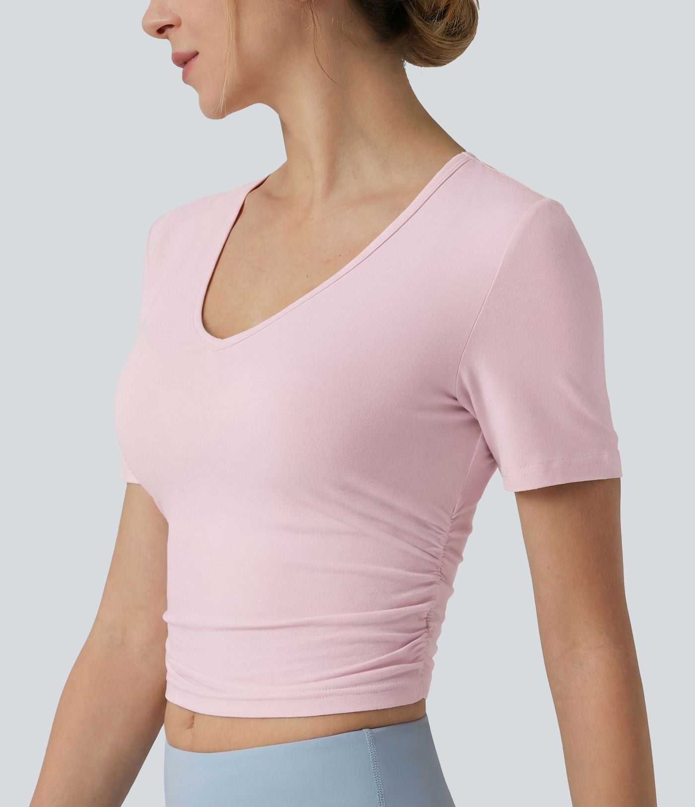 T-shirt décontracté col V manches courtes coupe courte