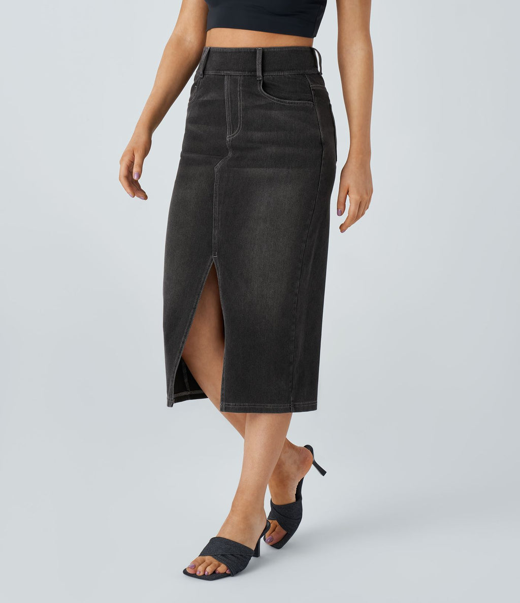 Halara Flex™ Jupe en Jean Casual Mi-Longue Délavé Extensible Plusieurs Poches Taille Haute