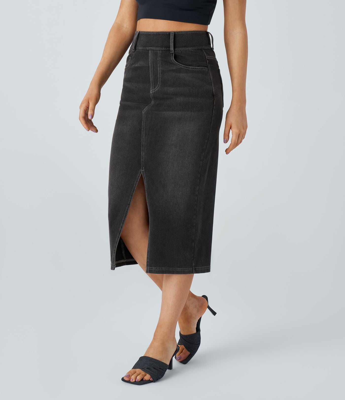 Halara Flex™ Jupe en Jean Casual Mi-Longue Délavé Extensible Plusieurs Poches Taille Haute