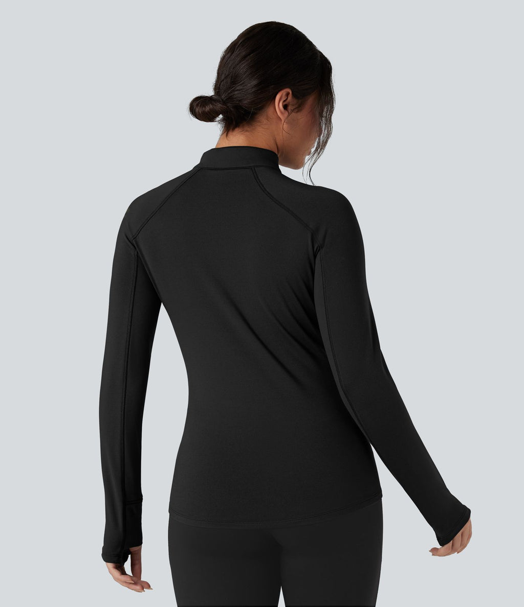 Top de sport randonnée polaire col montant demi-zip manches longues avec trous pouces