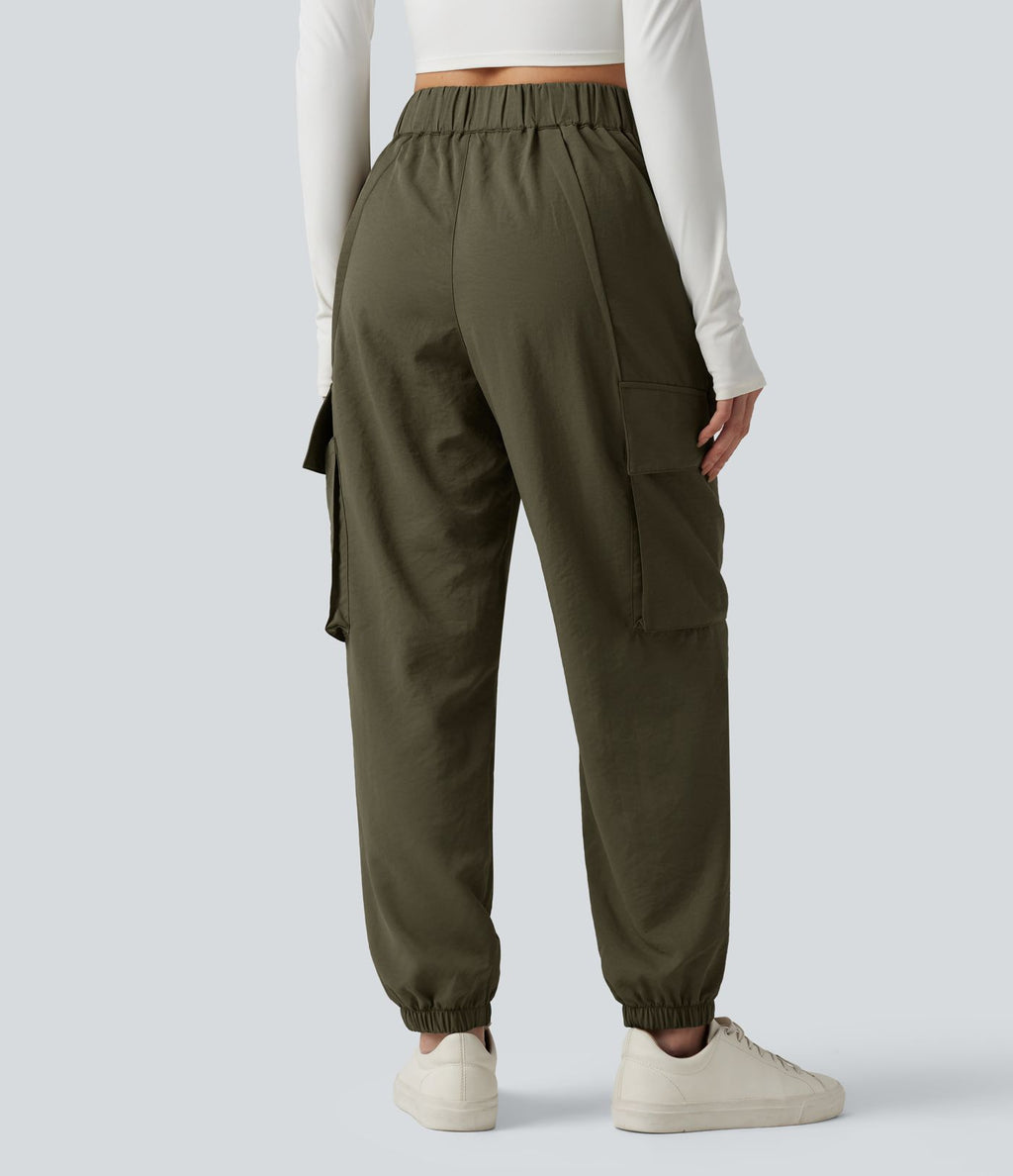 Jogging cargo décontracté, taille moyenne, à poches