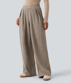 Pantalon décontracté droit côtelé, taille haute, avec poches et détail croisé