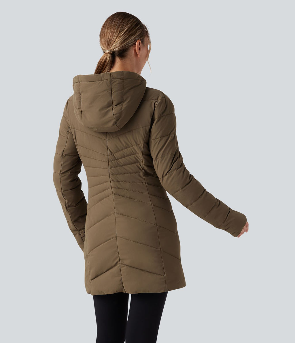 Doudoune longue extensible PuffFlex à capuche avec poches