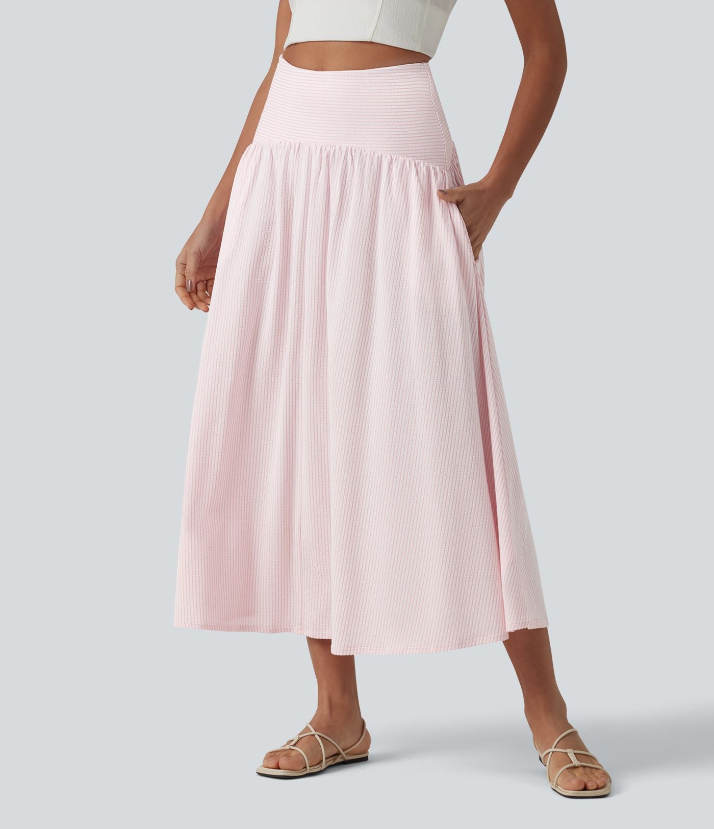 Jupe fluide midi casual taille haute à rayures en coton froissé, avec poches