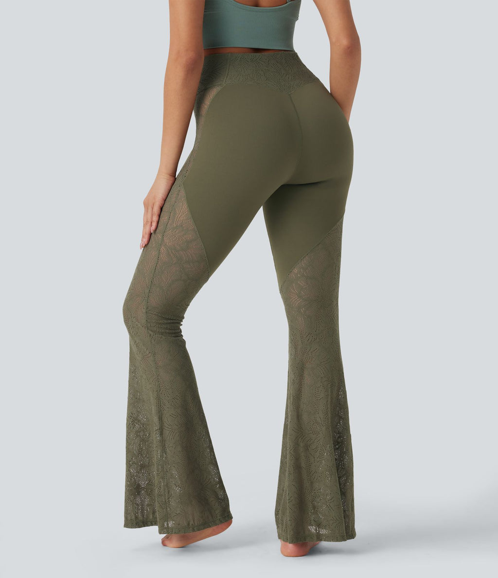Pantalon de yoga évasé à taille haute croisée, poche arrière et dentelle
