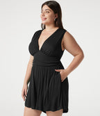 Combishort casual grande taille froncé côtelé sans manches à col V avec brassière intégrée et poches - Édition Easy Peasy