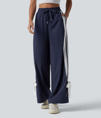 Pantalon large de course taille haute effet frais InstantCool à séchage rapide, color block à rayures avec nœud, cordon de serrage et poches, protection solaire UPF40+
