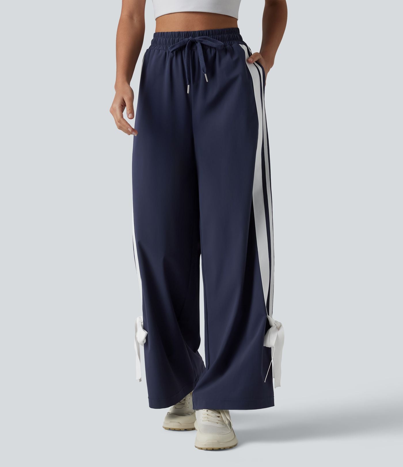 Pantalon large de course taille haute effet frais InstantCool à séchage rapide, color block à rayures avec nœud, cordon de serrage et poches, protection solaire UPF40+