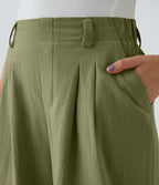 Pantalon Fluide Large Taille Haute Poches Latérales Palazzo Solide Casual Linen-Feel