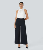 Blouse Travail Sans Manches Ourlet Courbé Col Haut Découpe au Dos Plis
