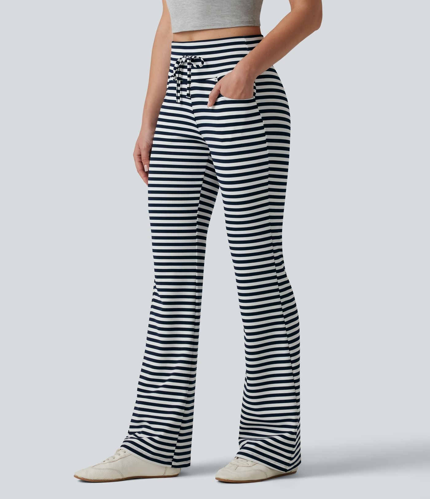 Pantalon évasé décontracté taille haute gainant à rayures en tissu gaufré avec cordon de serrage et poches