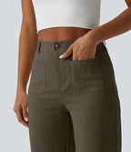 Pantalon taille haute coupe droite effet lin avec poches