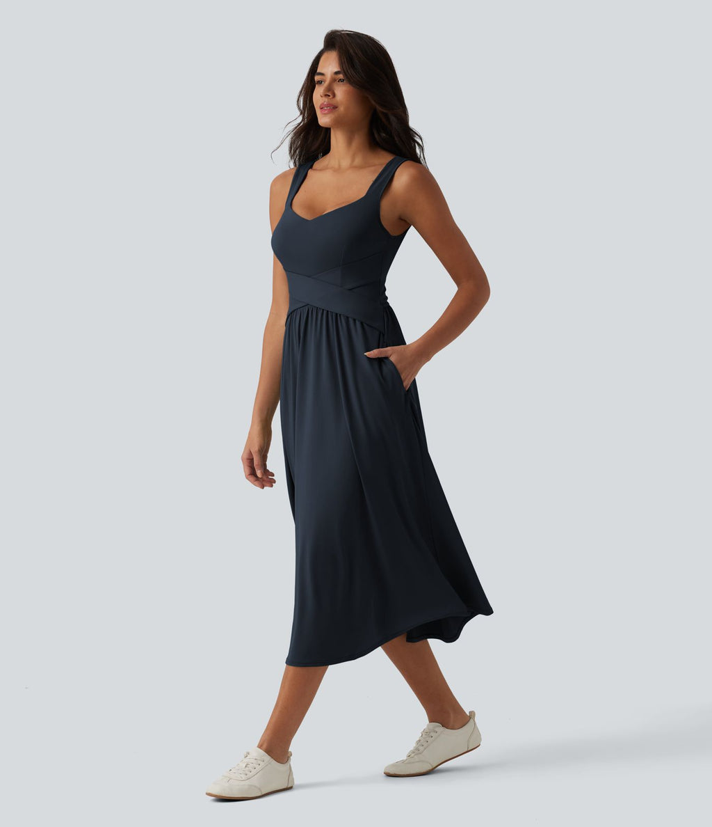 Robe midi fluide sans manches dos croisé, avec brassière intégrée (Bonnets E-G) et poches