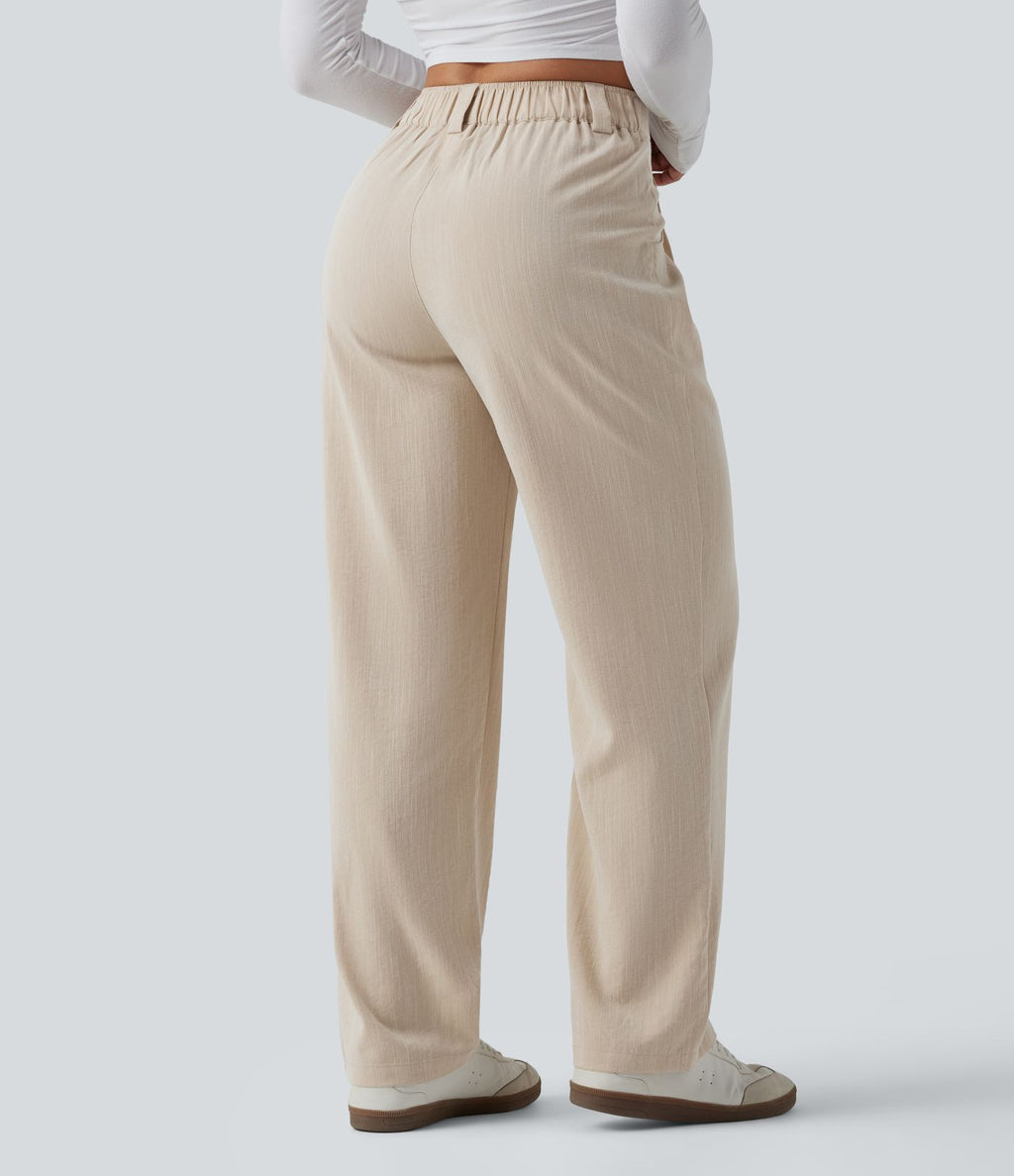 Pantalon décontracté mi-taille effet lin avec poches