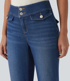 Halara Flex™ Jean évasé casual taille basse en lyocell drapé effet délavé, avec poches