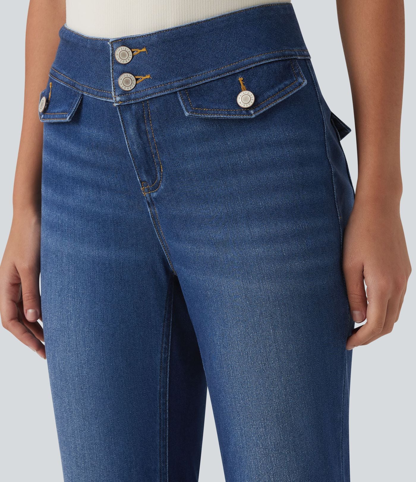 Halara Flex™ Jean évasé casual taille basse en lyocell drapé effet délavé, avec poches
