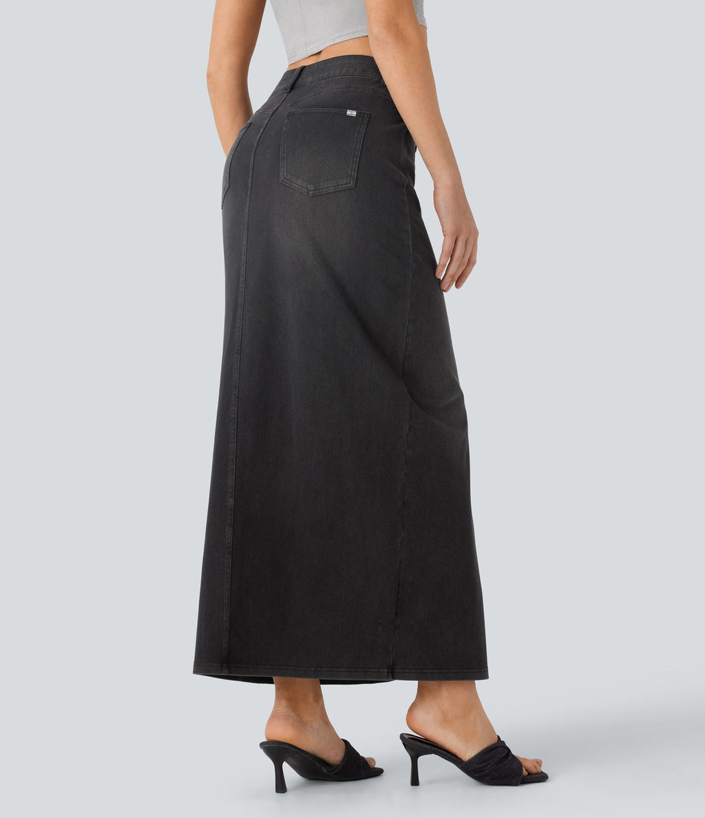 Halara Flex™ Jupe en Jean longue décontractée extensible délavé taille moyenne avec fente et multiples poches