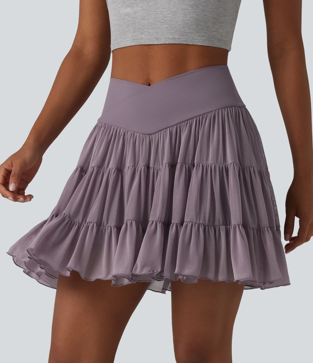 Jupe mini de tennis 2 en 1 croisée évasée taille haute avec poches - longueur allongée