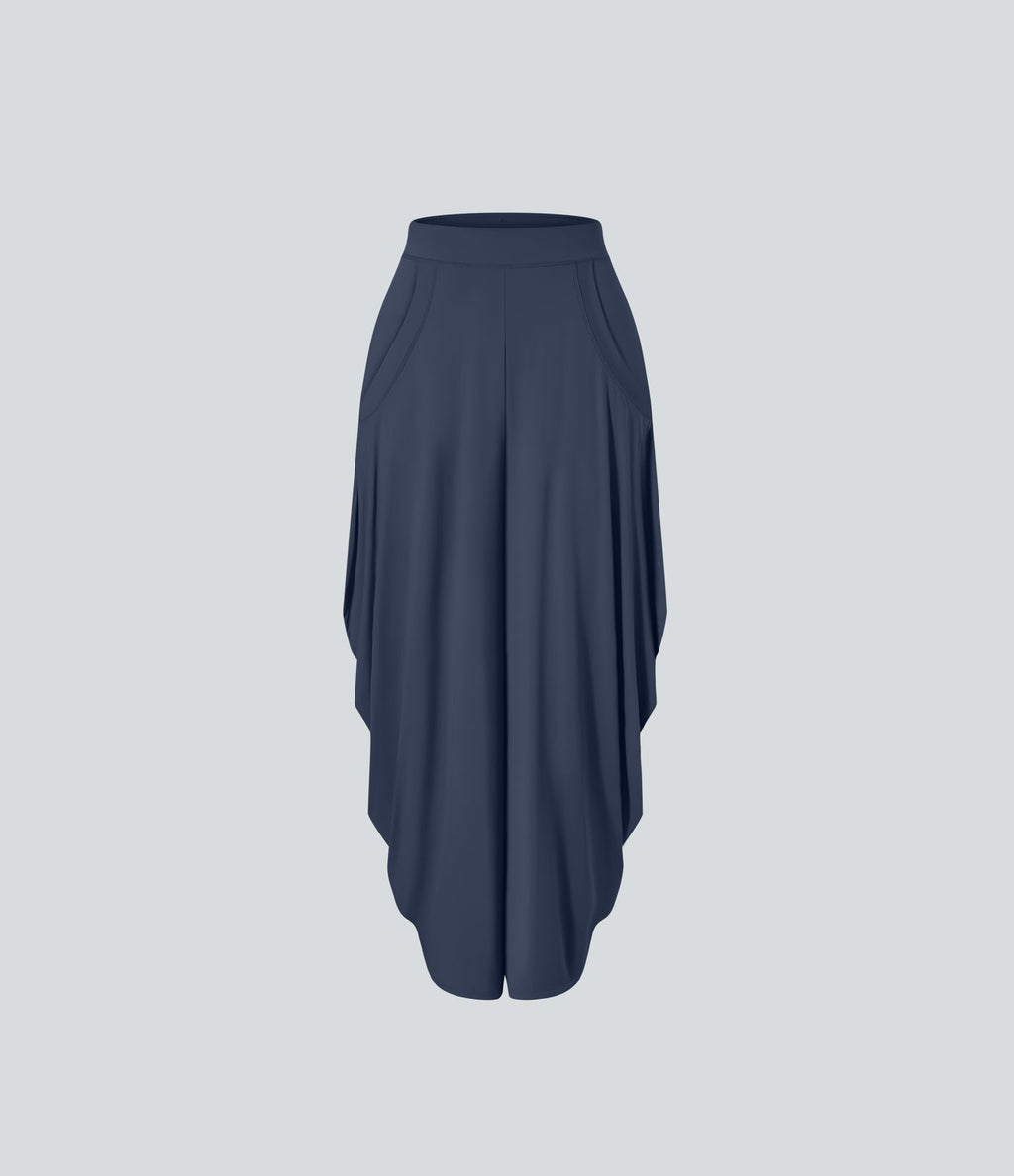 Pantalon décontracté drapé à poches multiples et taille moyenne, jambe large