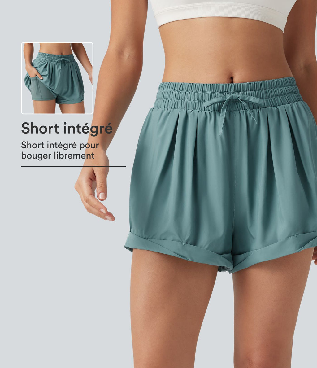 Short de running baggy 2-en-1 taille mi-haute avec cordon ajustable et poche