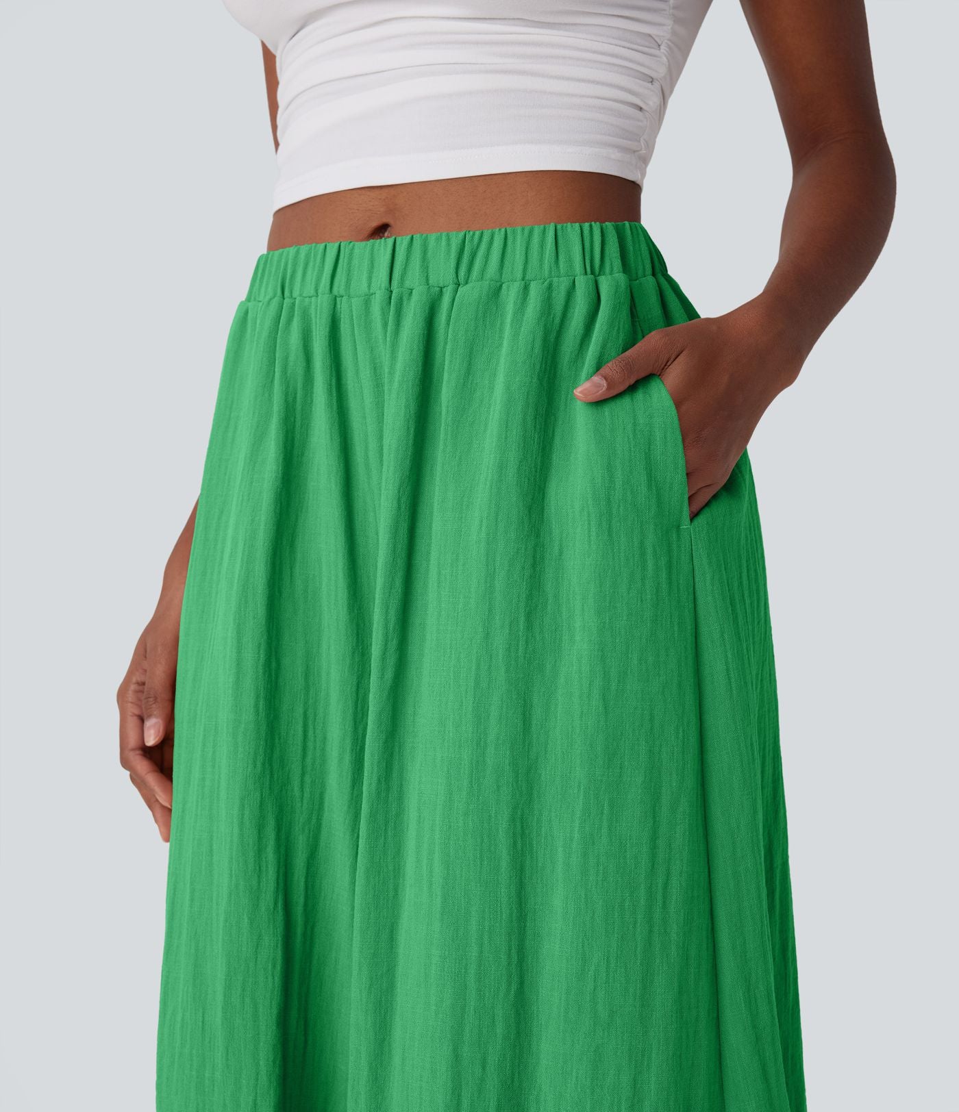 Pantalon fluide large taille mi-haute effet lin avec poche