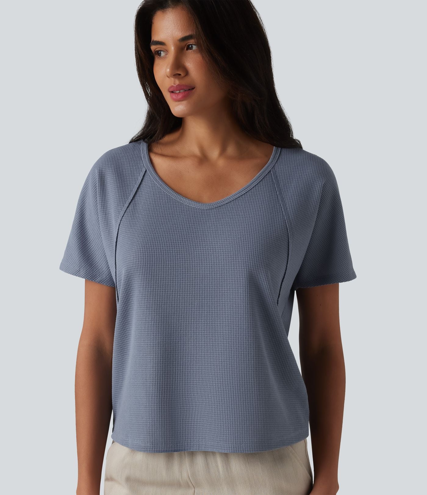 T-shirt casual en tissu gaufré à encolure cœur et manches courtes