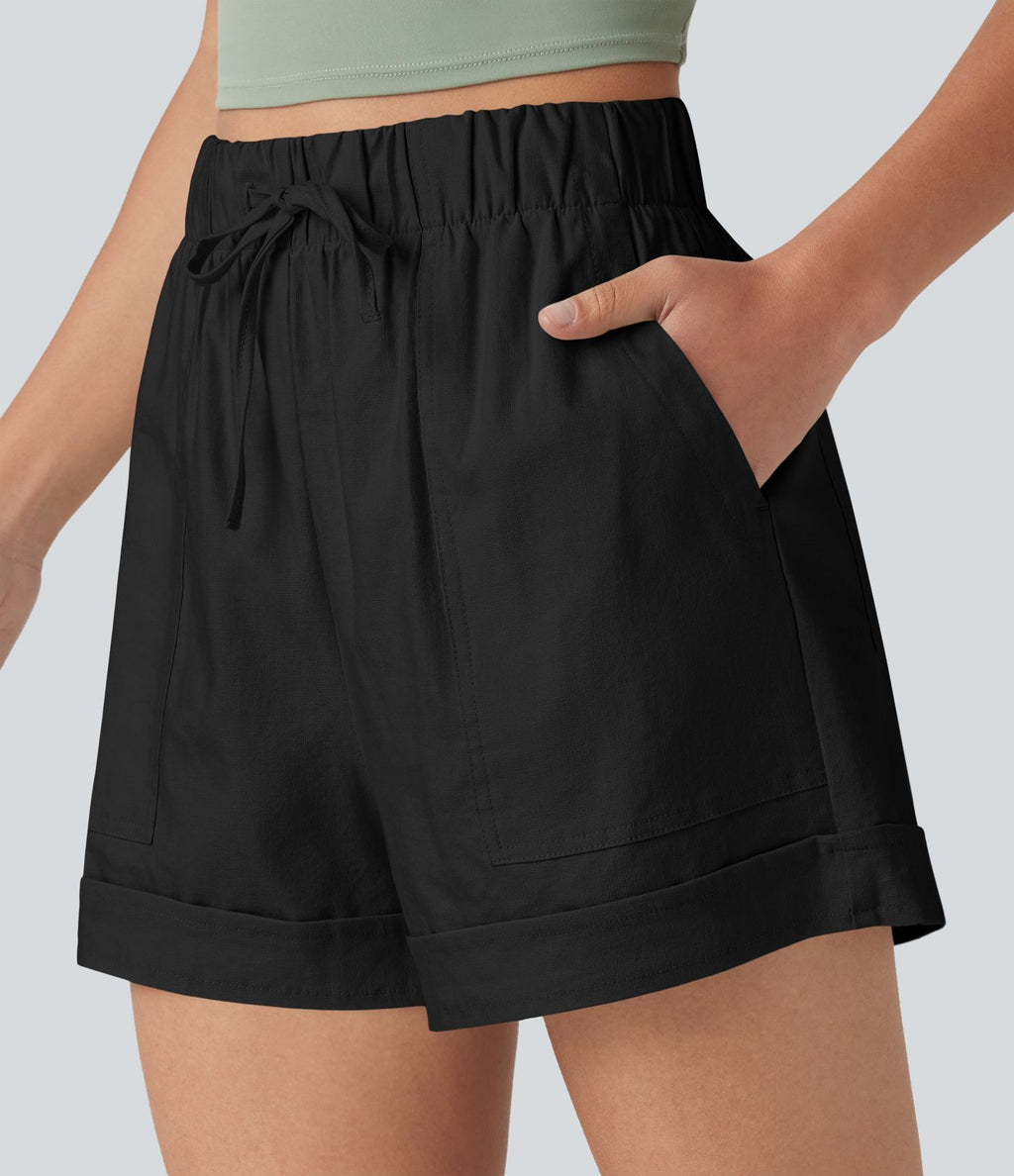 Short ample décontracté taille haute en coton et lin, cordon de serrage, ourlet retroussé et poches